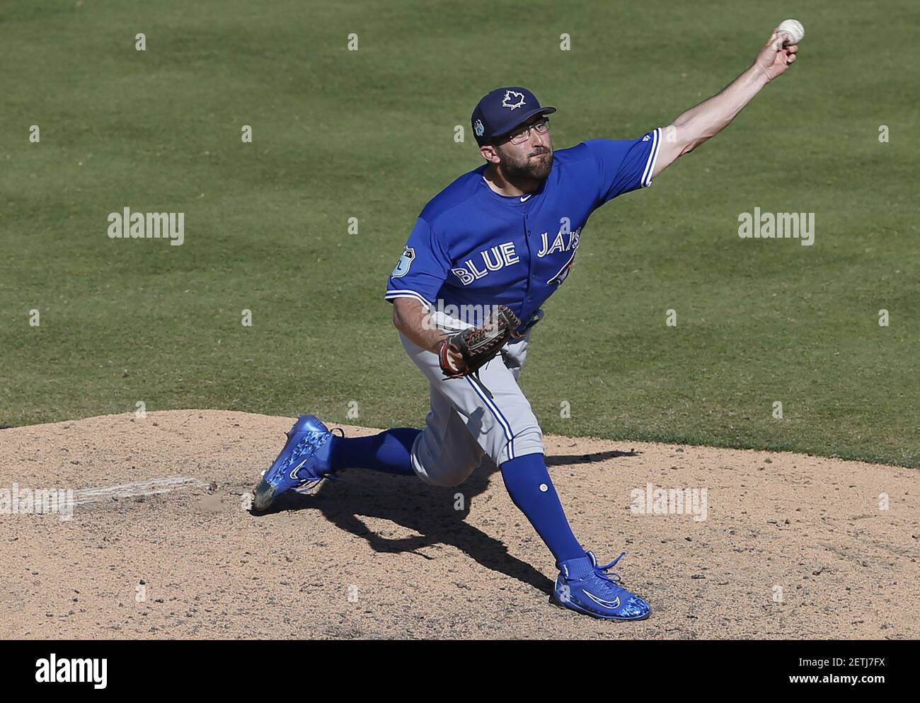Mar 10, 2017; Lakeland, FL, USA; Toronto Blue Jays pitcher T.J. House (44)  throws a pitch during the ninth inning of an MLB spring training baseball  game against the Detroit Tigers at
