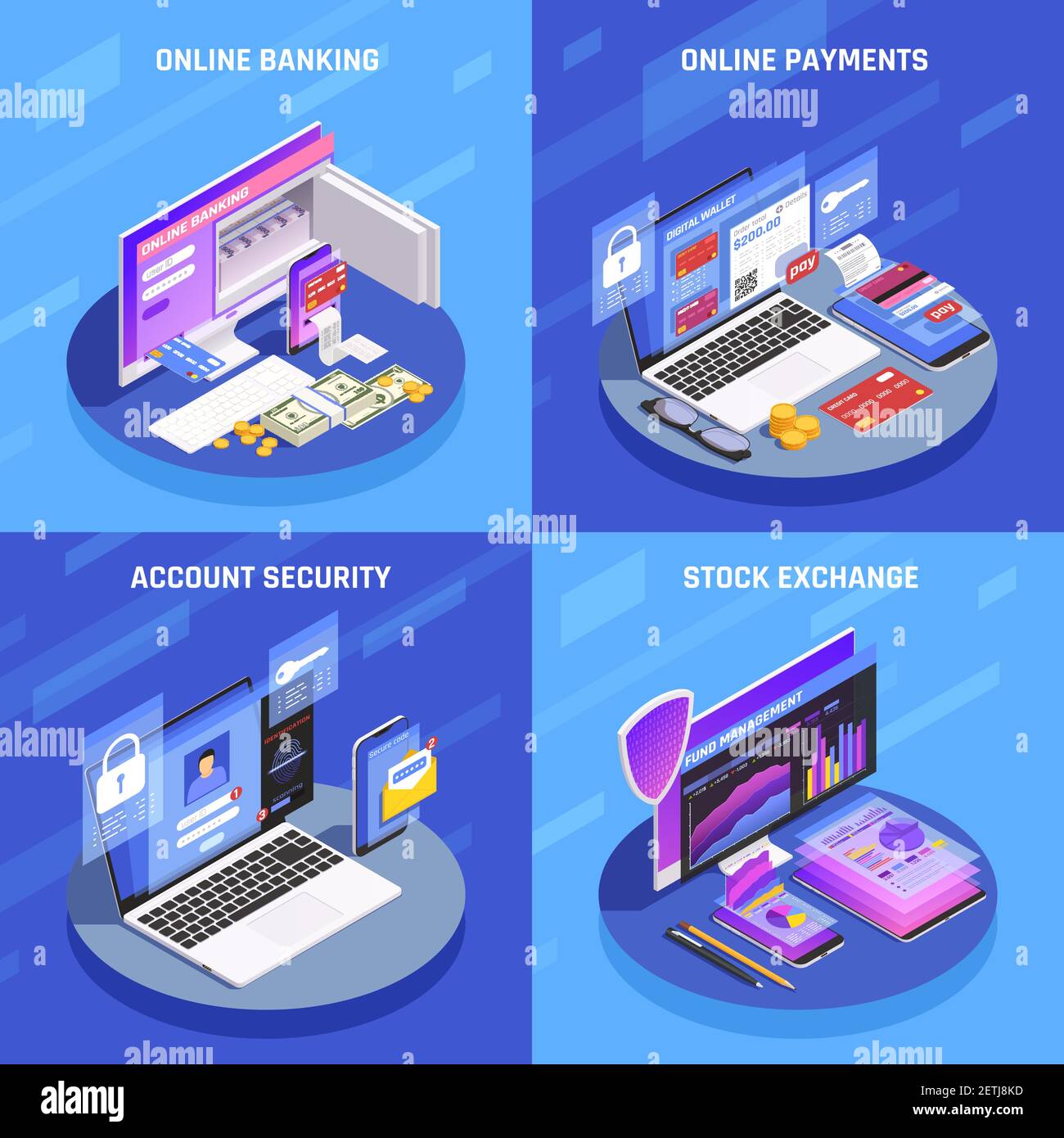 Internet banking 4 isometric icons square concept with account security online payments stock exchange display vector illustration Stock Vector