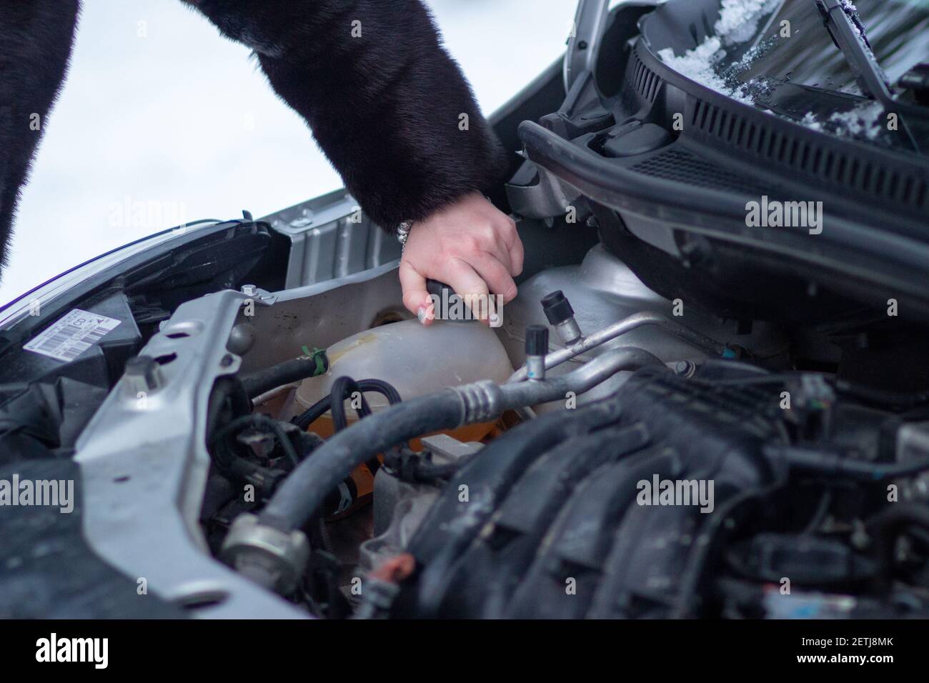 Woman checks the presence of antifreeze in the car. Preparing the car for winter conditions Stock Photo