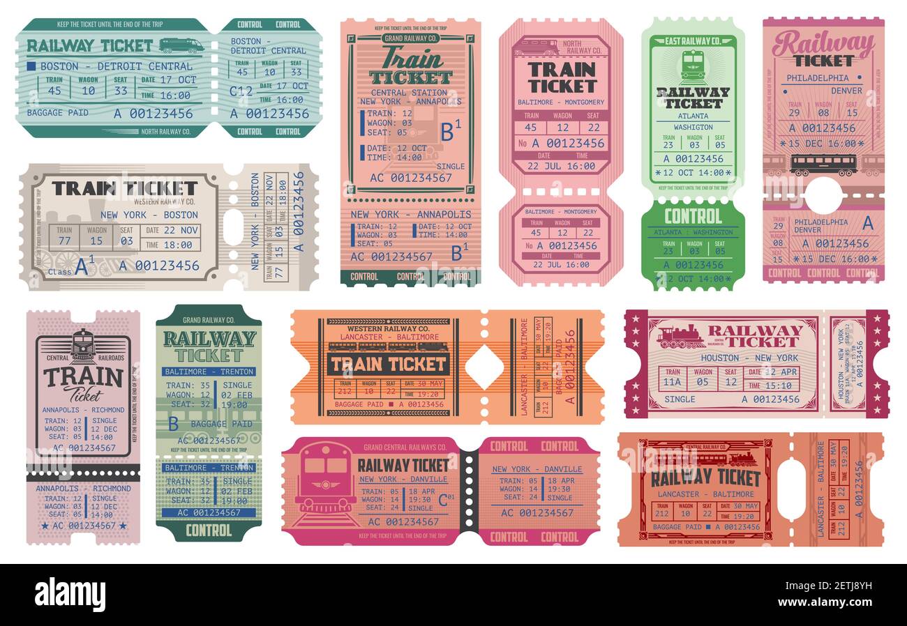 Railway and train retro tickets, admits vector templates set. Intercity train trip admission, railway station paper tickets with old locomotives wagon Stock Vector