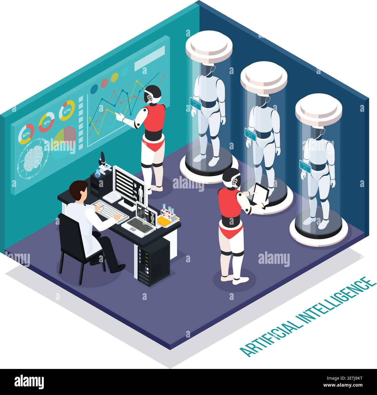 Scientist near computer during testing of robots droids in laboratory  isometric composition vector illustration Stock Vector