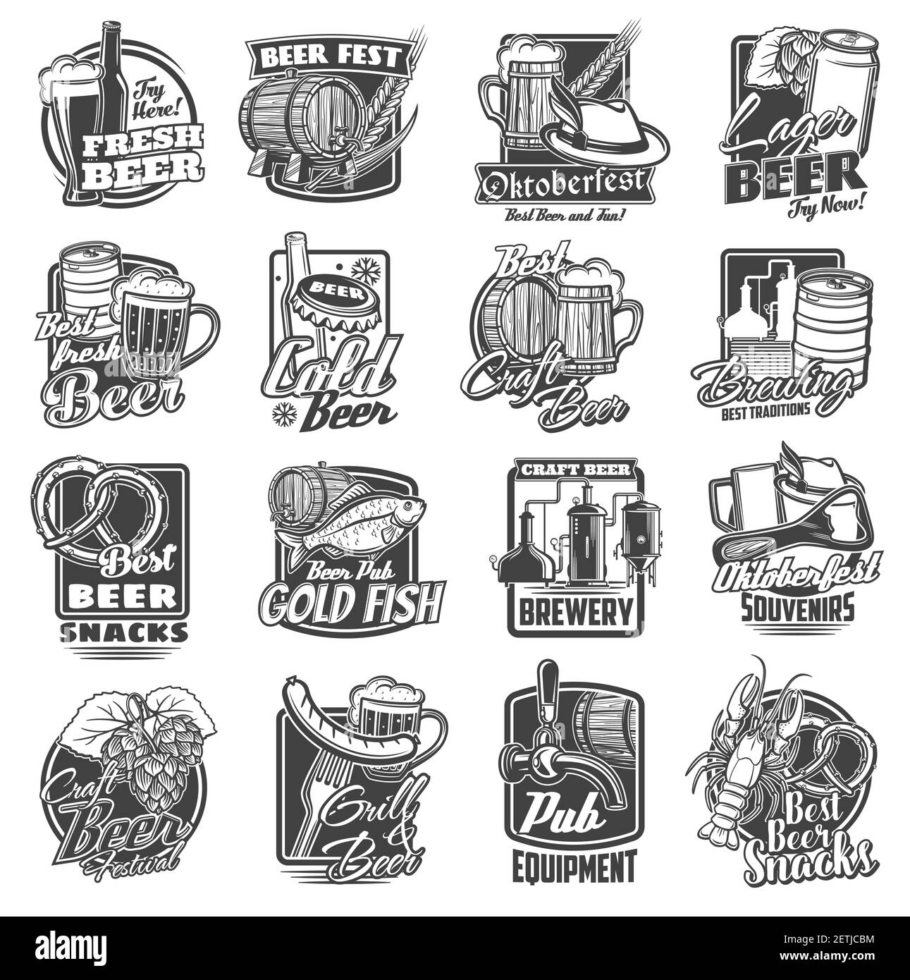 Craft beer brewery and festivals sketch icons set. Oktoberfest beverages and snacks, local brewing pub or bar equipment emblems. Tankard and wooden ba Stock Vector