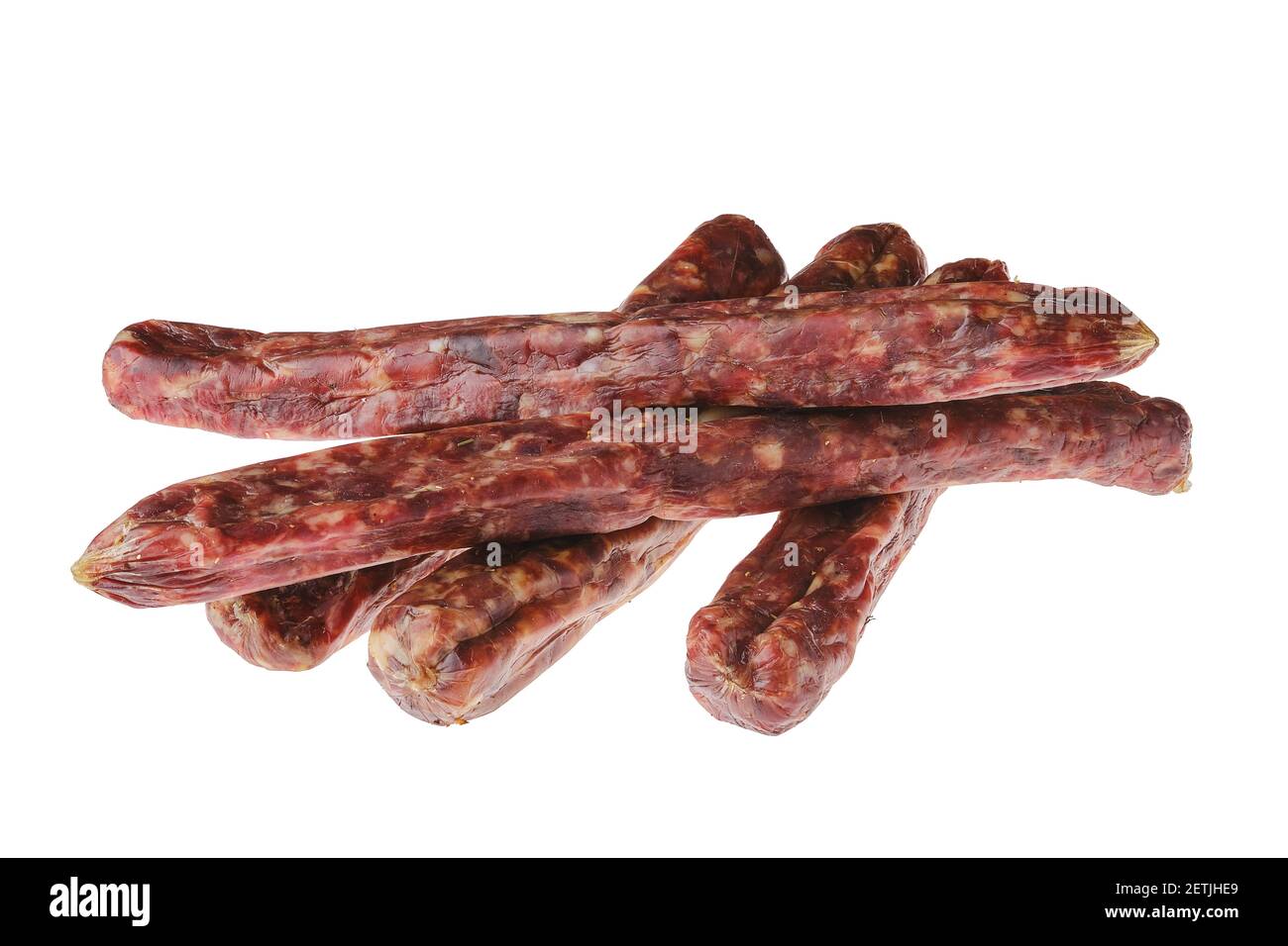 Dried jerked deer and pork sausage isolated on white background Stock