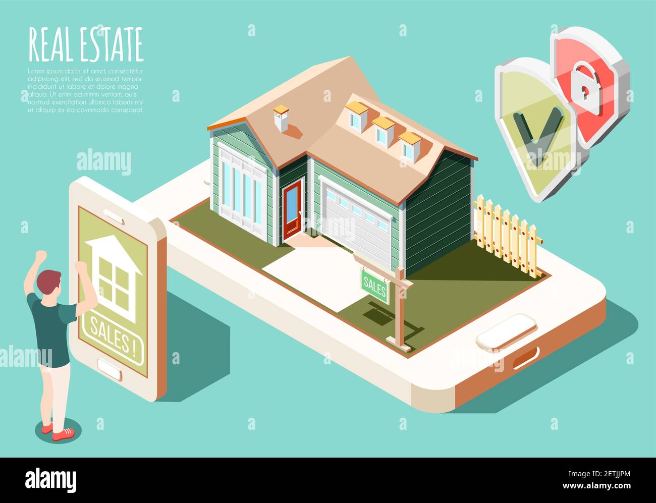 Real estate augmented reality isometric background with online advertising and man buying house vector illustration Stock Vector