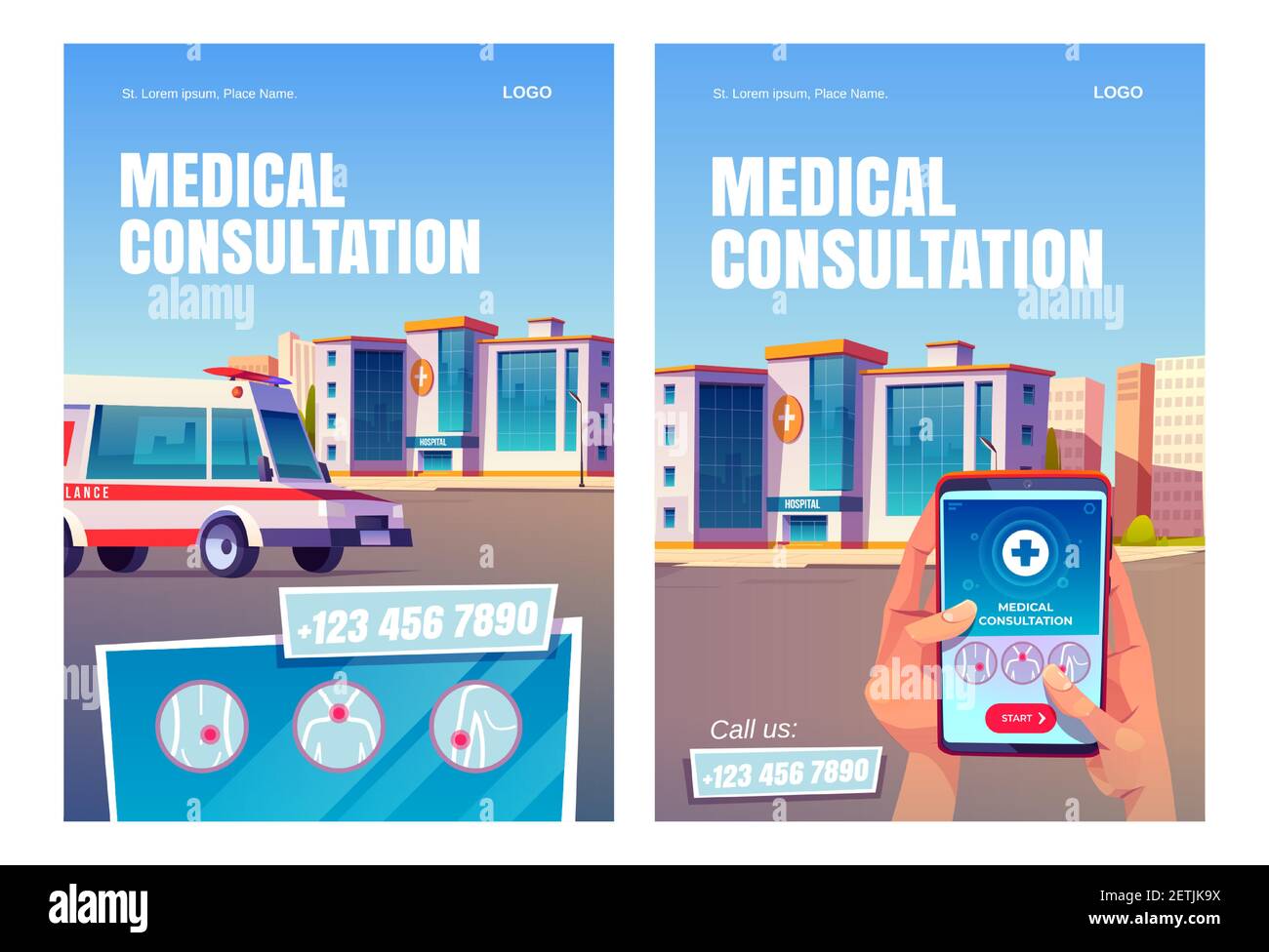 Online medical consultation app cartoon posters. Hands hold smartphone with application interface on hospital building background with ambulance on city street. Medicine, call service, vector banners Stock Vector