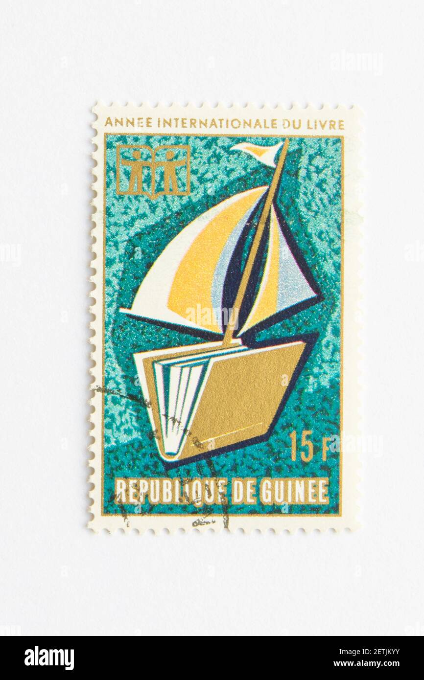 01.03.2021 Istanbul Turkey. Guinea Republic Postage Stamp. circa 1972. international year of the book. discovering new worlds. Stock Photo