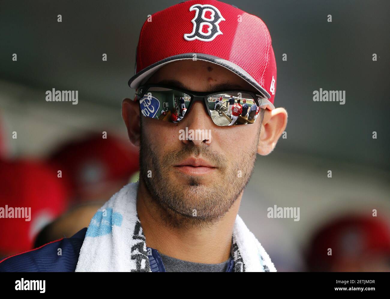 Mar 14, 2017; Fort Myers, FL, USA; Boston Red Sox pitcher Rick Porcello (22) looks on from the dugout against the Toronto Blue Jays at JetBlue Park. Mandatory Credit: Kim Klement-USA TODAY Sports *** Please Use Credit from Credit Field *** Stock Photo
