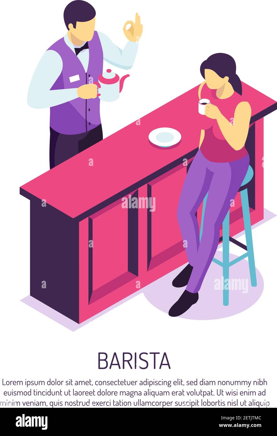 Barista with tea pot near bar desk during customer service on white background isometric vector illustration Stock Vector