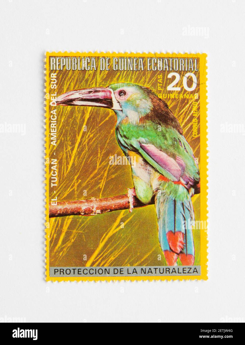 01.03.2021 Istanbul Turkey. Guinea Republic Postage Stamp. circa 1972. Bird Series. Tucan Stock Photo