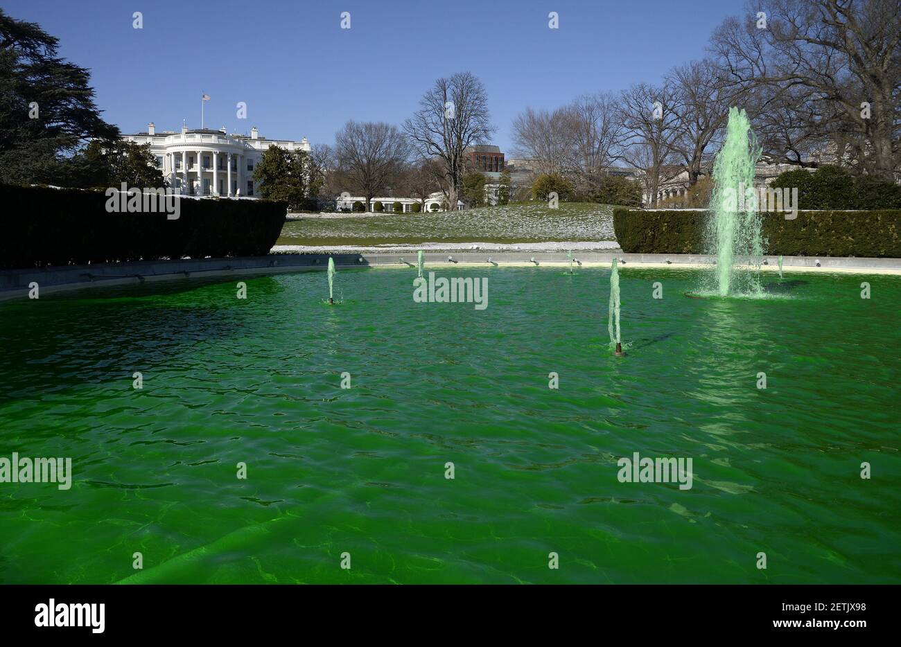Fountain on the South side of the White House is dyed green for St. Patrick's Day in Washington D.C., on March 16, 2017 in Washington, DC. Photo by Olivier Douliery *** Please Use Credit from Credit Field *** Stock Photo