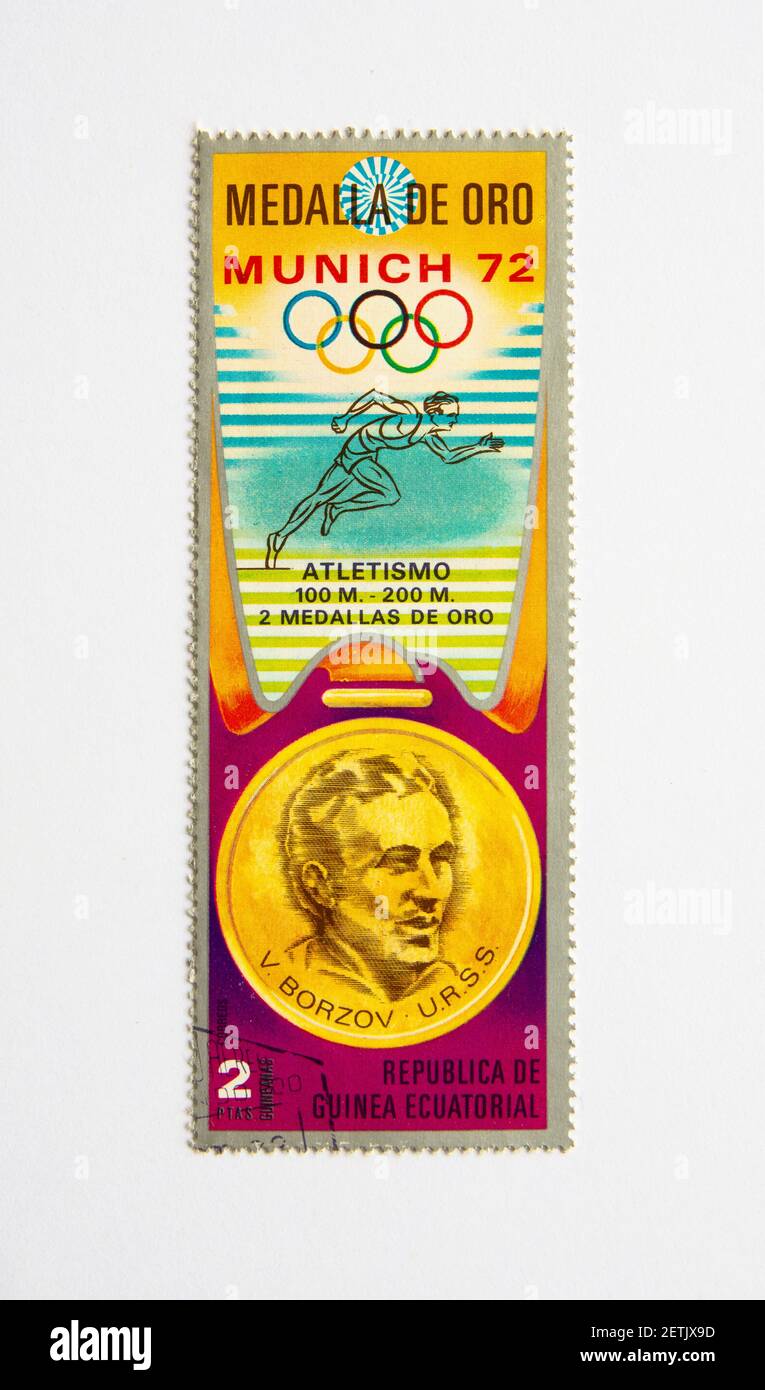 01.03.2021 Istanbul Turkey. Guinea Republic Postage Stamp. circa 1972. Valeriy Borzov USSR. 2 gold medals. Athletics Stock Photo