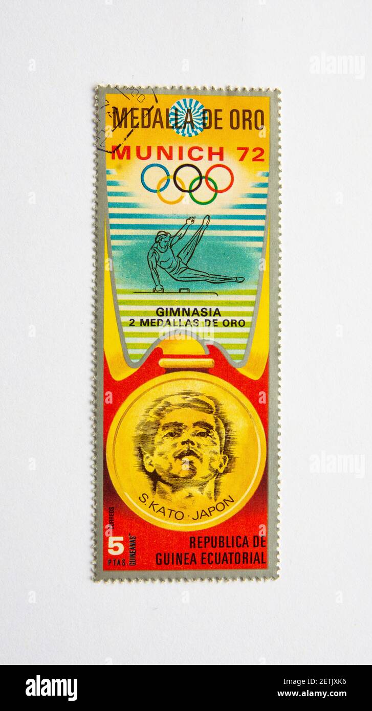 01.03.2021 Istanbul Turkey. Guinea Republic Postage Stamp. circa 1972. Sawao Kato Japan. Gymnastics. 2 Gold medals Stock Photo