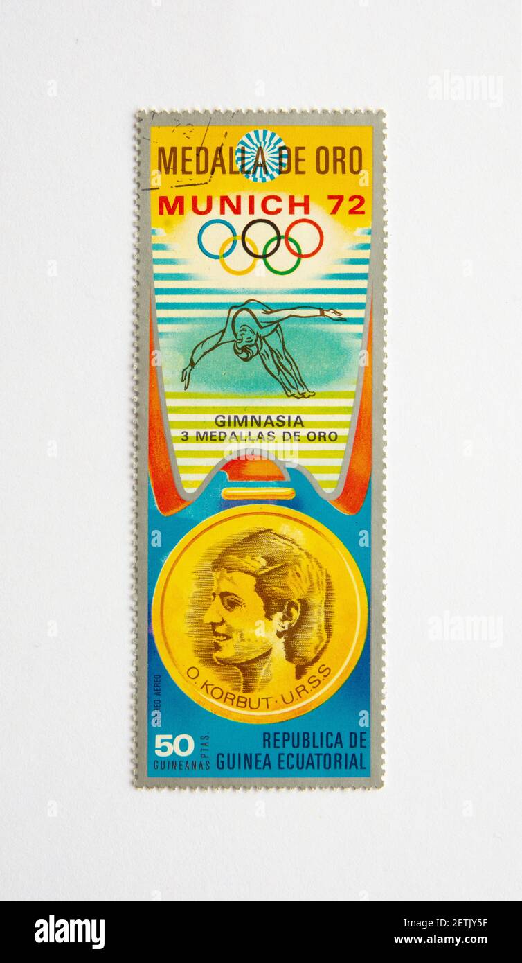 01.03.2021 Istanbul Turkey. Guinea Republic Postage Stamp. circa 1972. Olga Korbut USSR. Gymnastics. 3 Gold medals Stock Photo