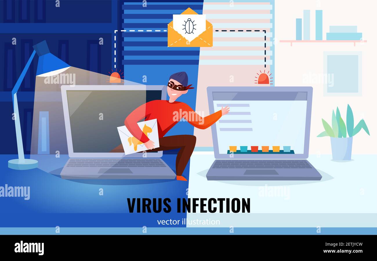Flat hacker computers composition with virus infection headline and ...