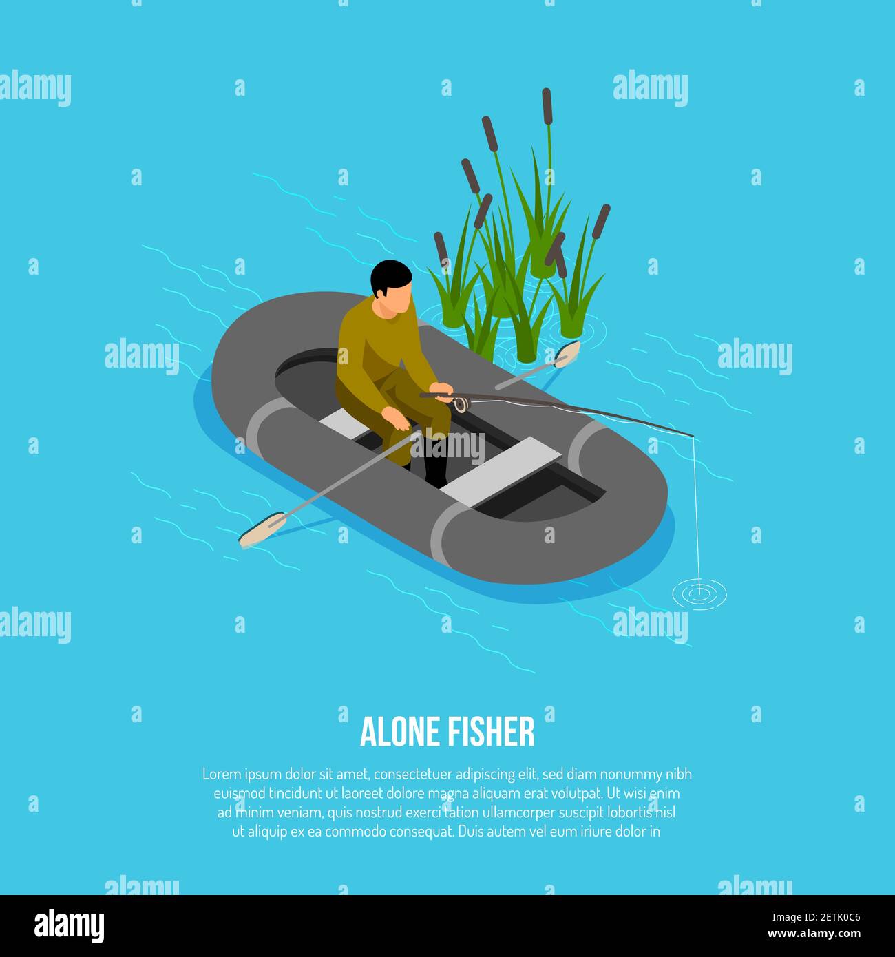 Fisherman with tackle during catching in rubber boat near reeds on blue background isometric vector illustration Stock Vector