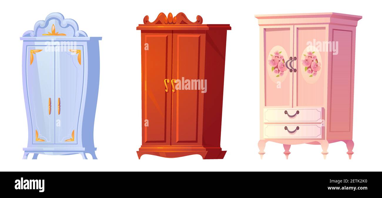 Cartoon cupboards baroque, shabby chic or classic style. Luxury interior cabinets vintage stuff, old fashioned furniture, wooden wardrobe isolated on white background, cartoon vector illustration, set Stock Vector