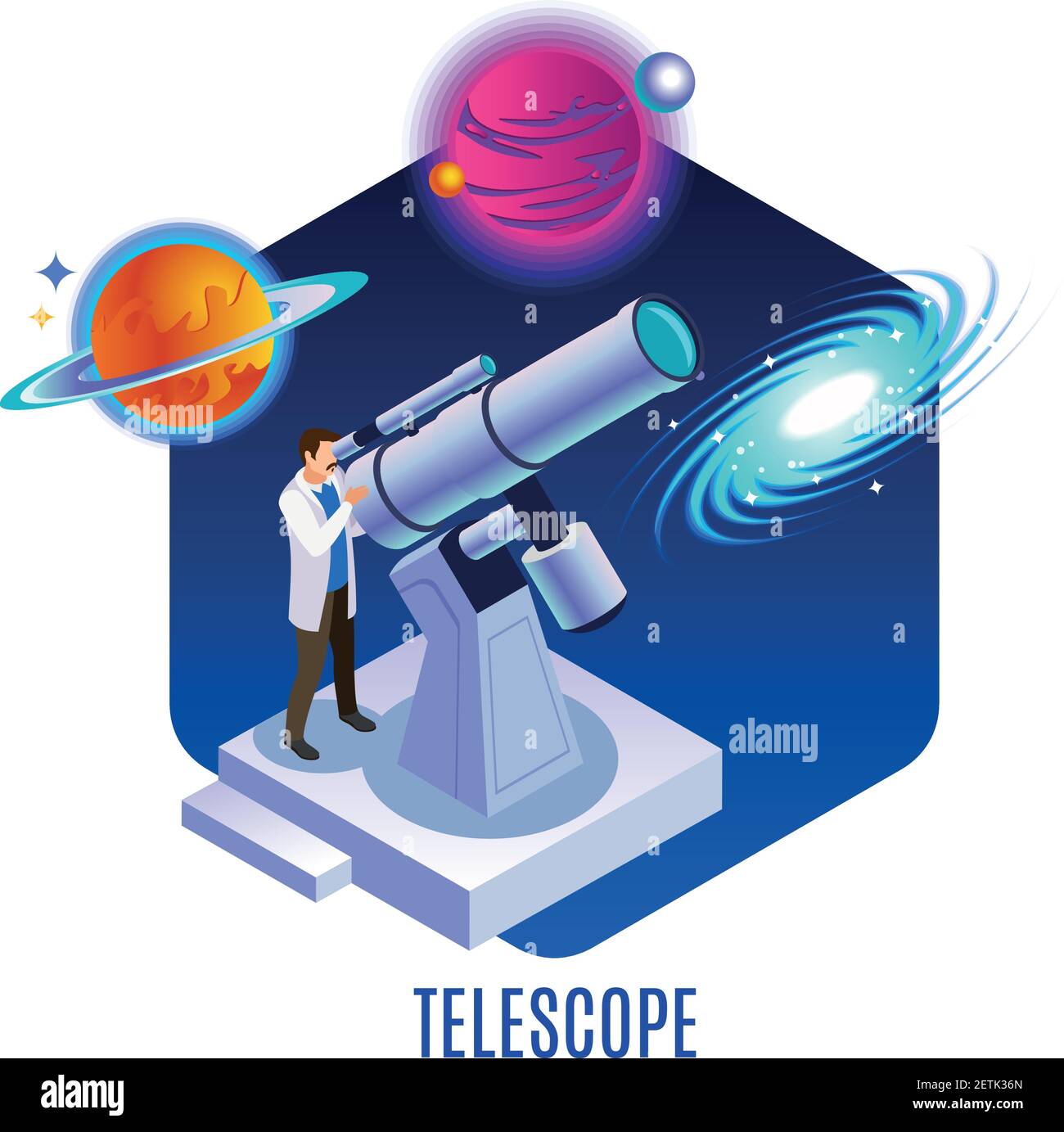 Astrophysics isometric background composition with astronomer observing colorful planets galaxy celestial bodies  with optical telescope vector illust Stock Vector
