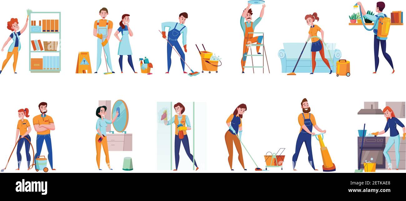 Cleaning service professional duties flat  compositions 2 horizontal sets with floor  sweeping vacuuming mirrors washing vector illustration Stock Vector