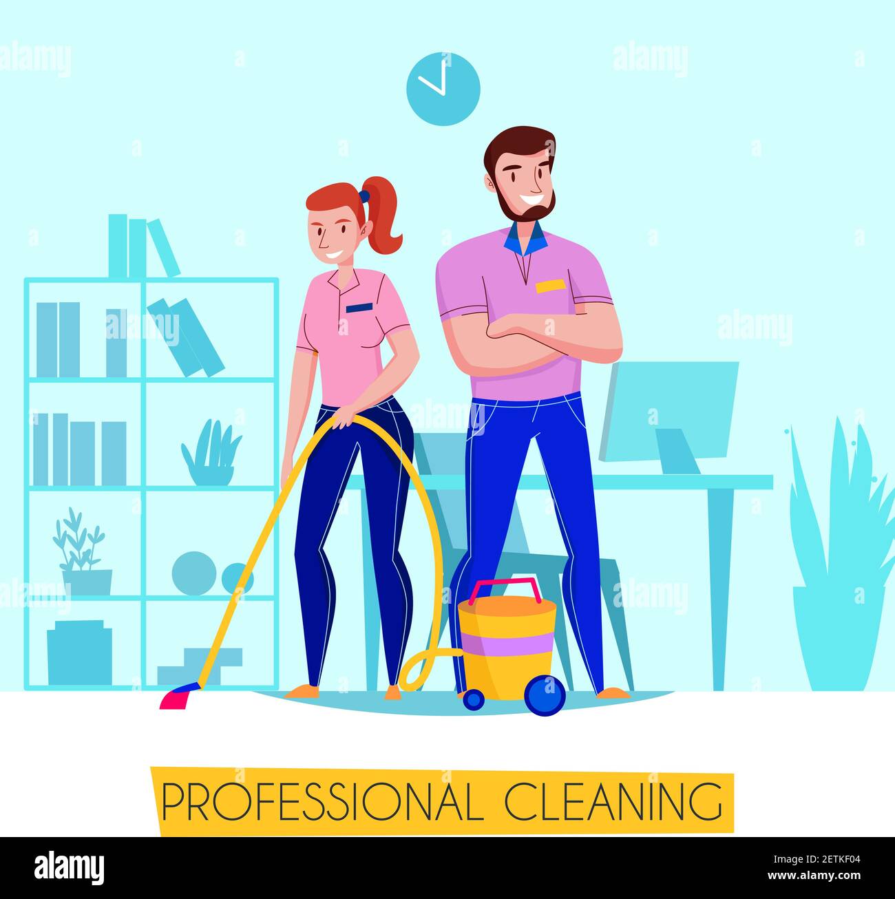 Professional cleaning service flat advertising poster with team in