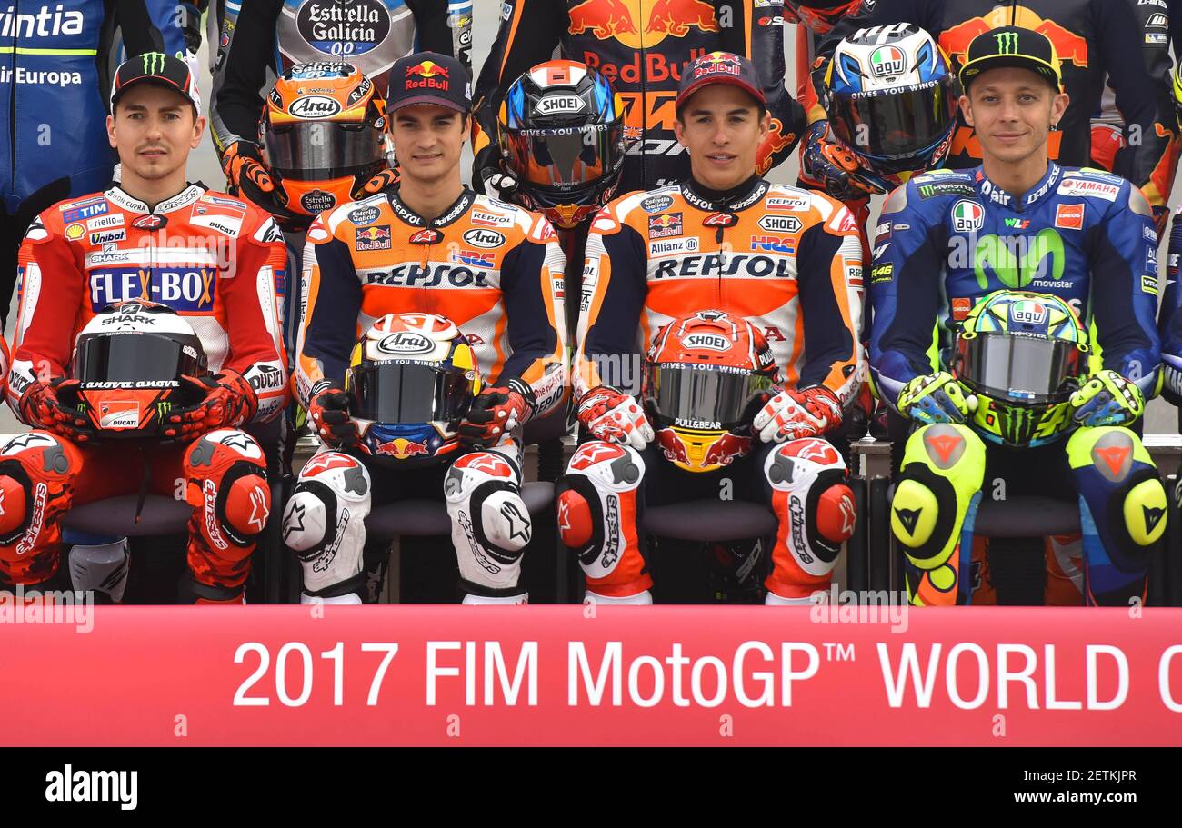 L to R) Spanish MotoGP rider Jorge Lorenzo of Ducati Team, Spanish MotoGP  rider Dani Pedrosa of Repsol Honda Team,Spanish MotoGP rider Marc Marquez  of Repsol Honda Team, and Italian MotoGP rider