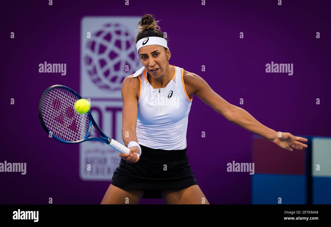 Cagla Buyukakcay of Turkey in action during her first-round match at the  2021 Qatar Total Open, WTA 500 tennis tournament on March 1, 2021 at the  Khalifa International Tennis and Squash Complex
