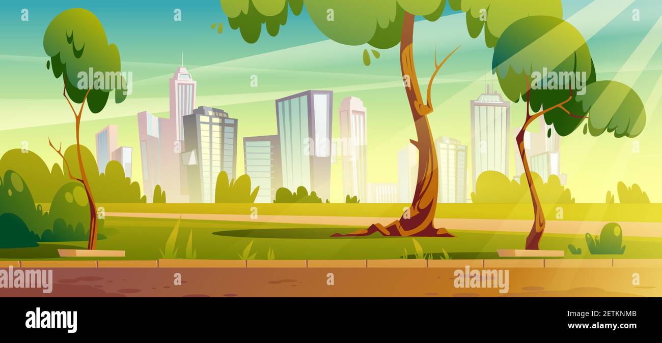 City park, summer or spring time scenery landscape, cityscape background, empty public place for walking and recreation with green trees and lawn. Urban garden with pathway Cartoon vector illustration Stock Vector