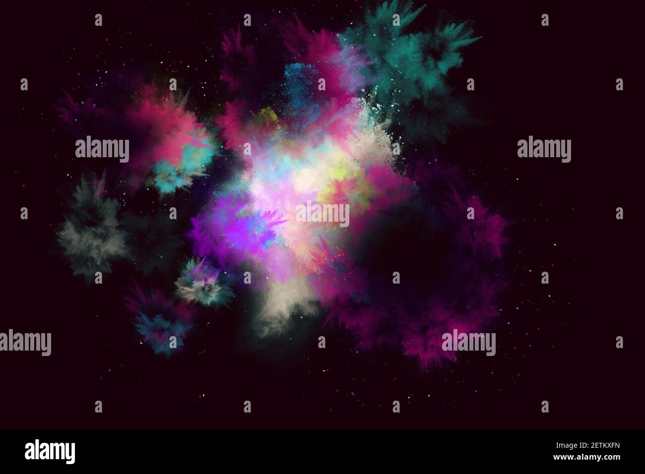 Colored powder explosion. Abstract closeup dust on black background ...