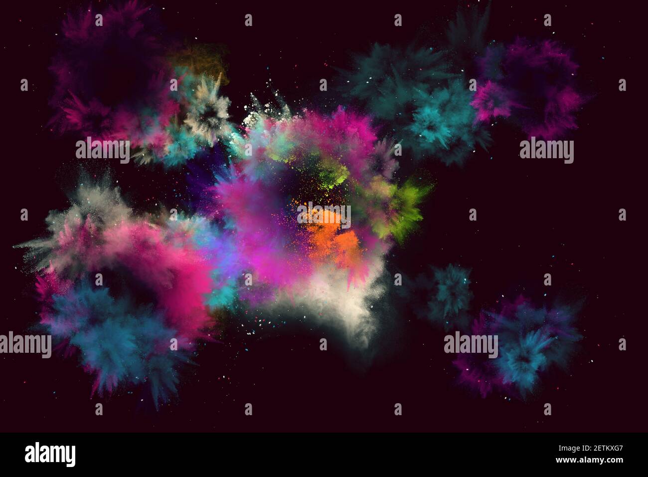 Colored powder explosion. Abstract closeup dust on black background
