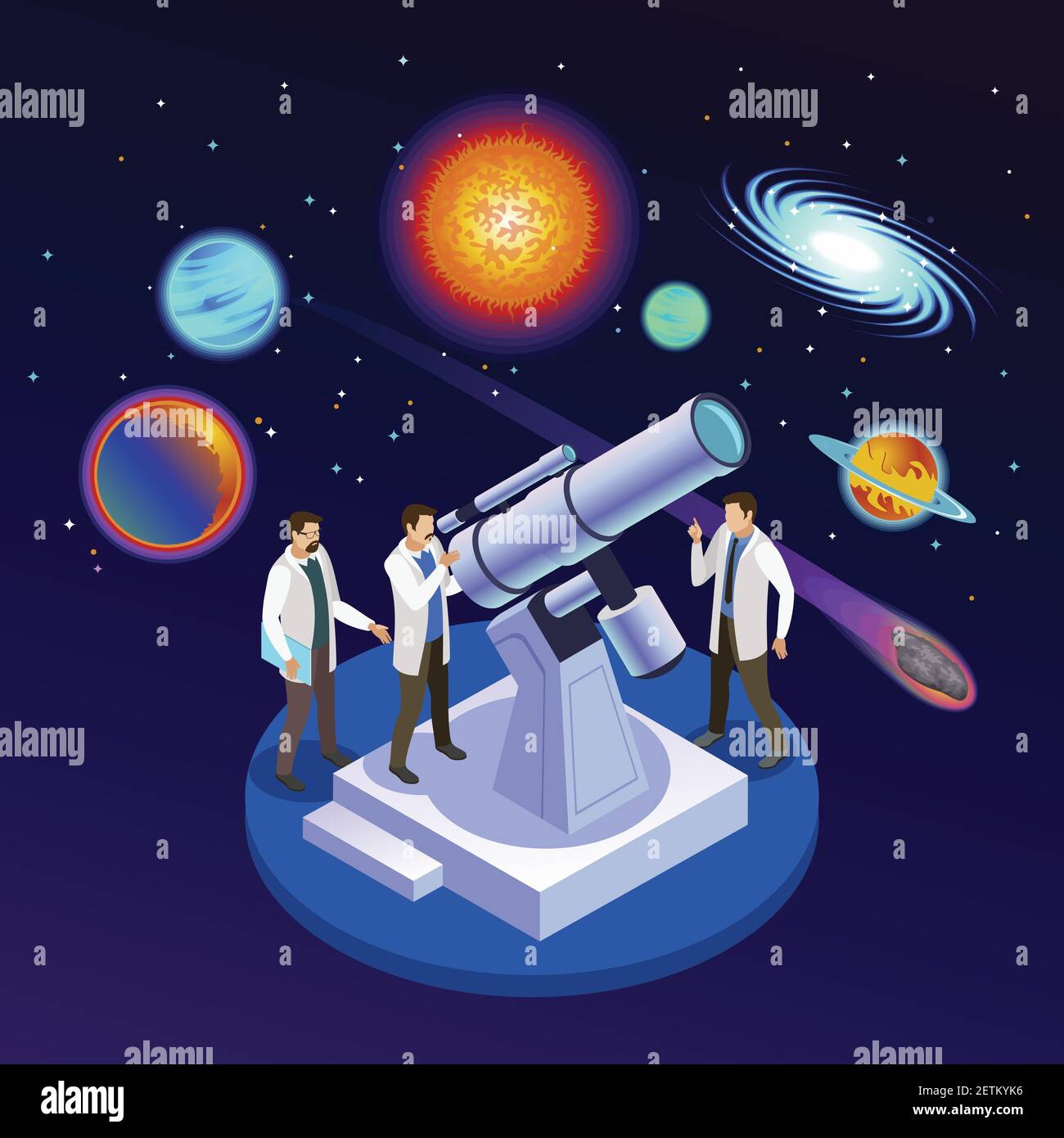 Astrophysics round isometric composition with astronomers observing planets meteorites galaxies with optical telescope starry background vector illust Stock Vector