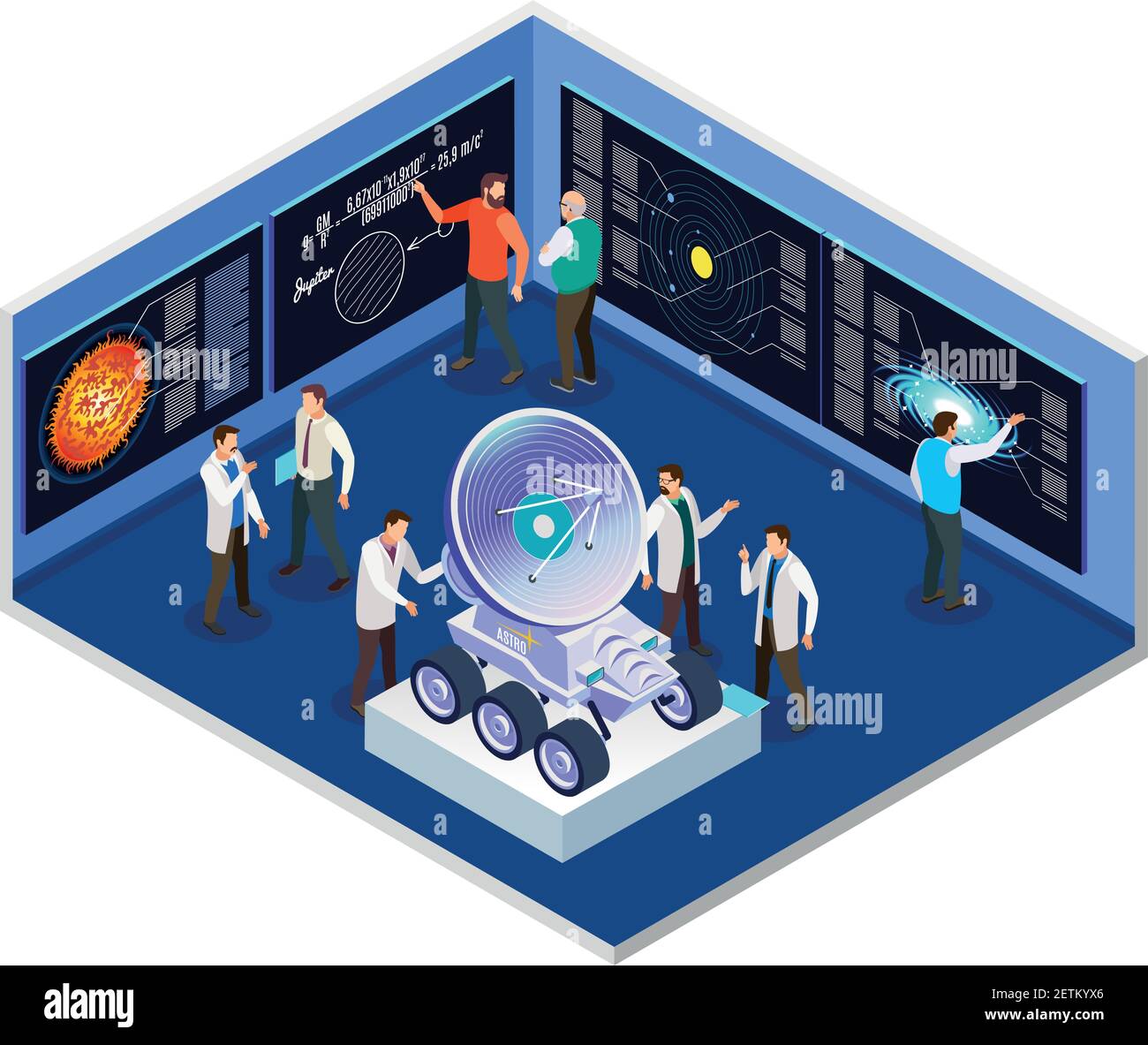 Astrophysics research center interior  isometric composition with scientists preparing for mobile radio telescope space mission vector illustration Stock Vector