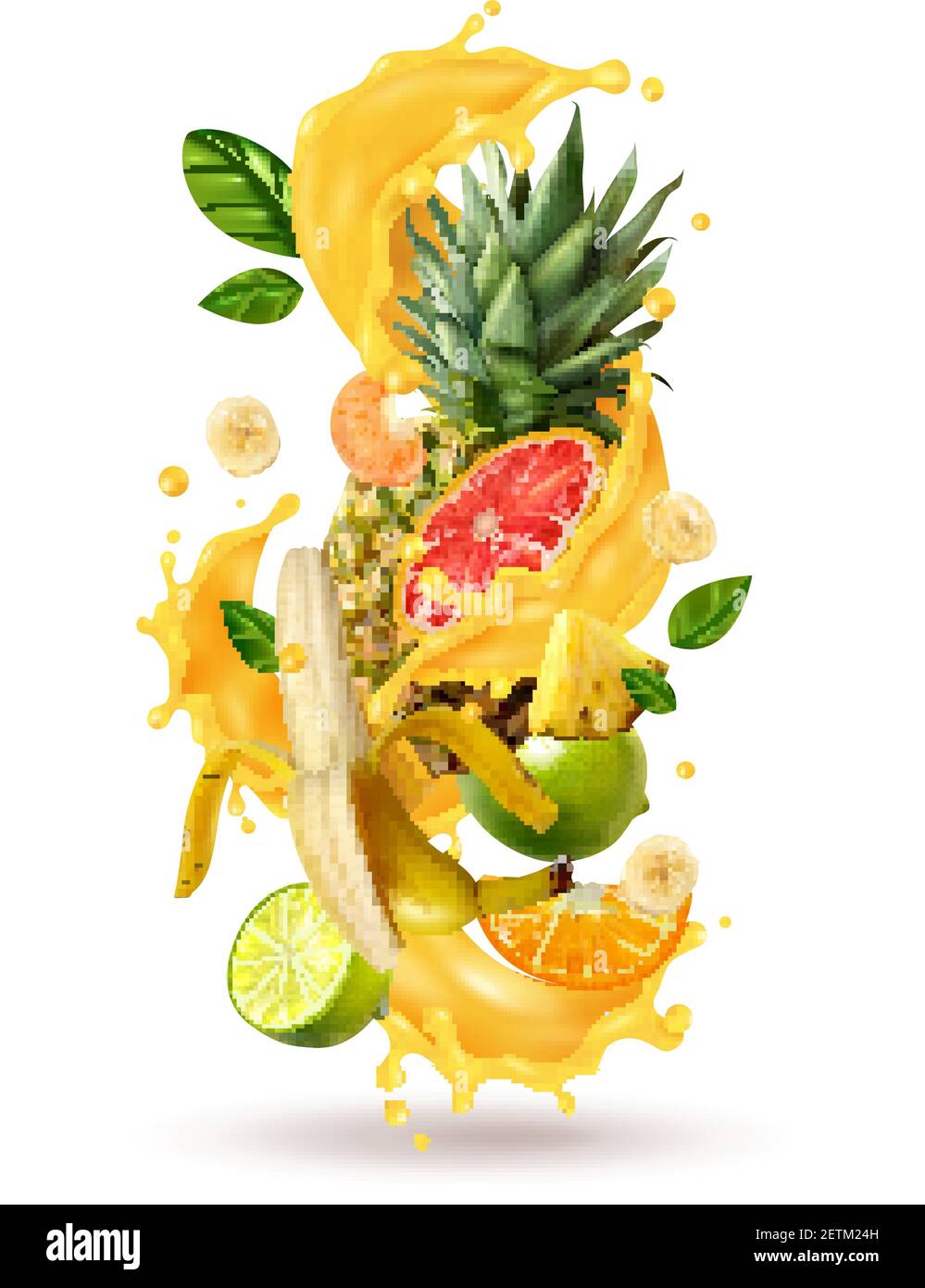 Realistic ftuiys juice splash burst composition with spray images and