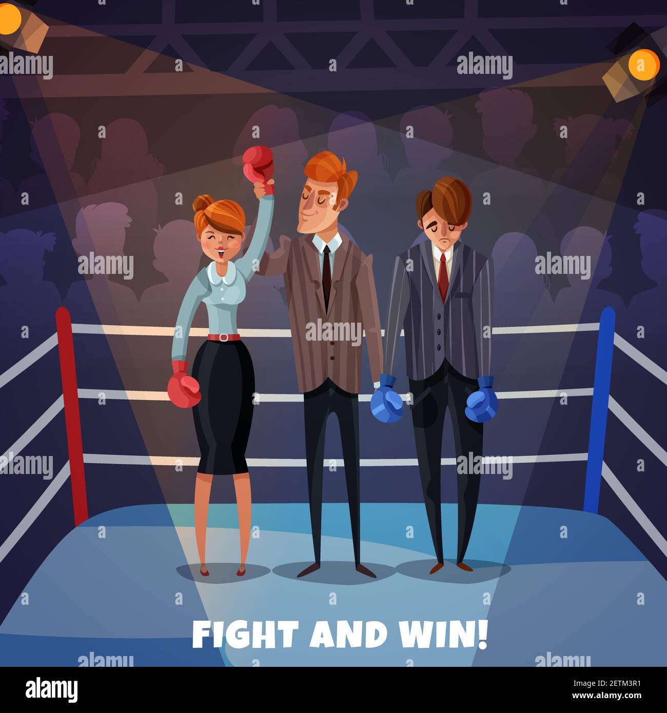 Business winner loser characters women men background with boxing 