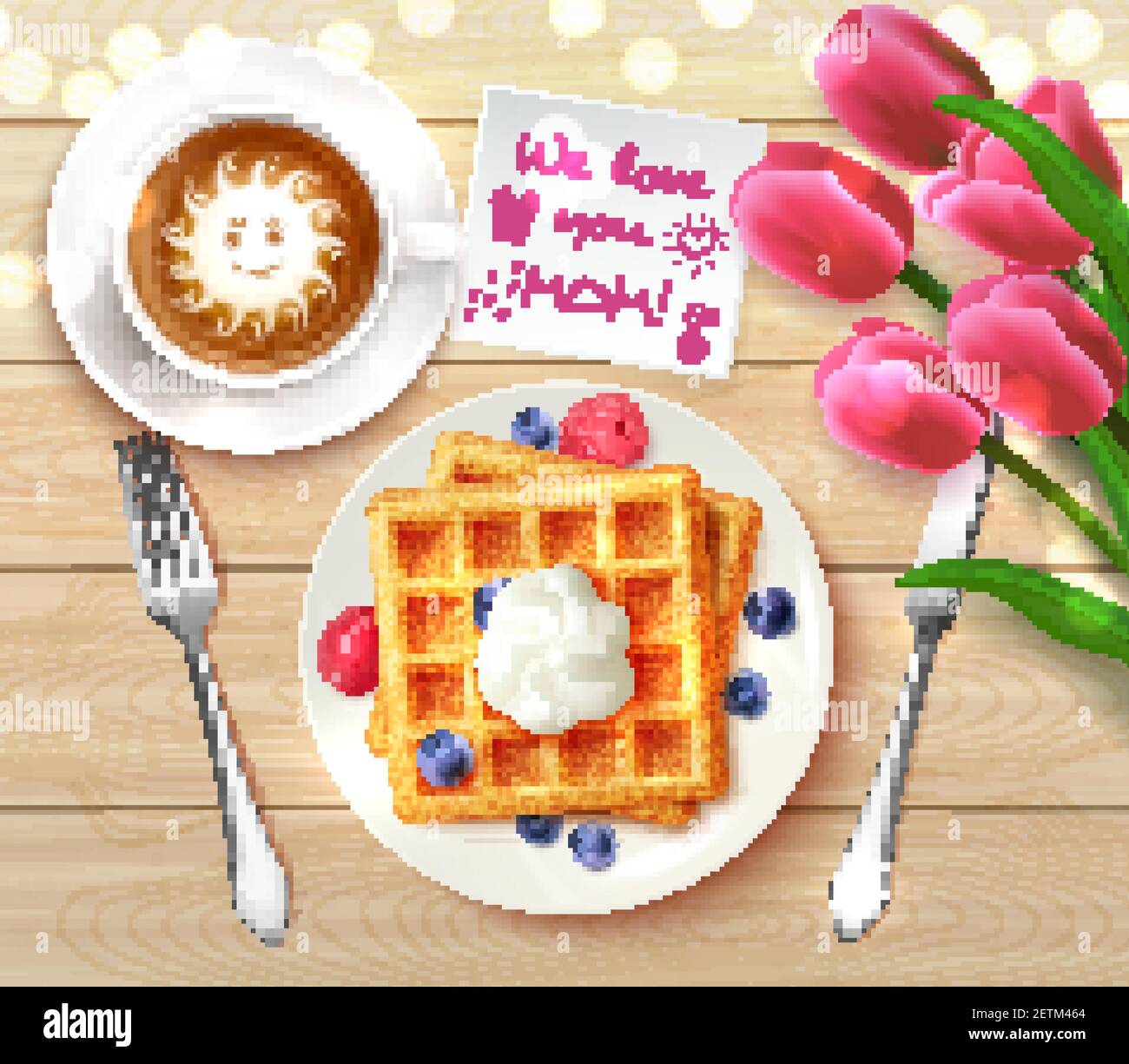 Mothers Day flatlay composition with sticker we love you mom and