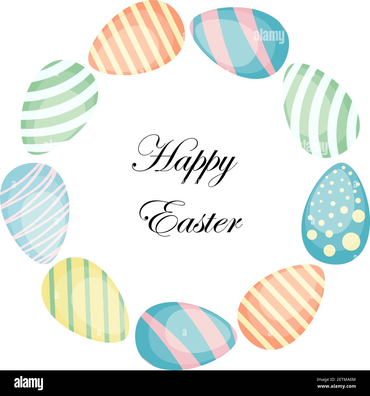 Easter wreath with hand drawn colored Easter eggs isolated on white background. Decorative