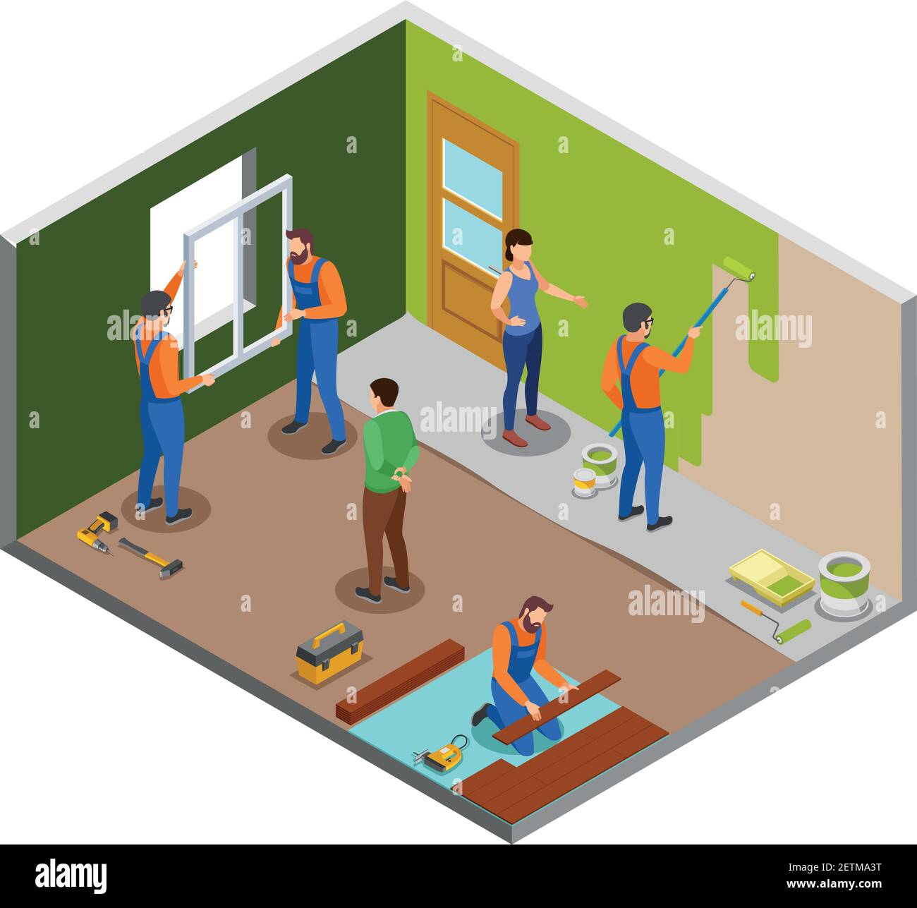 Home repair isometric design concept with craftspeople performing various works in room and owners giving instructions vector illustration Stock Vector
