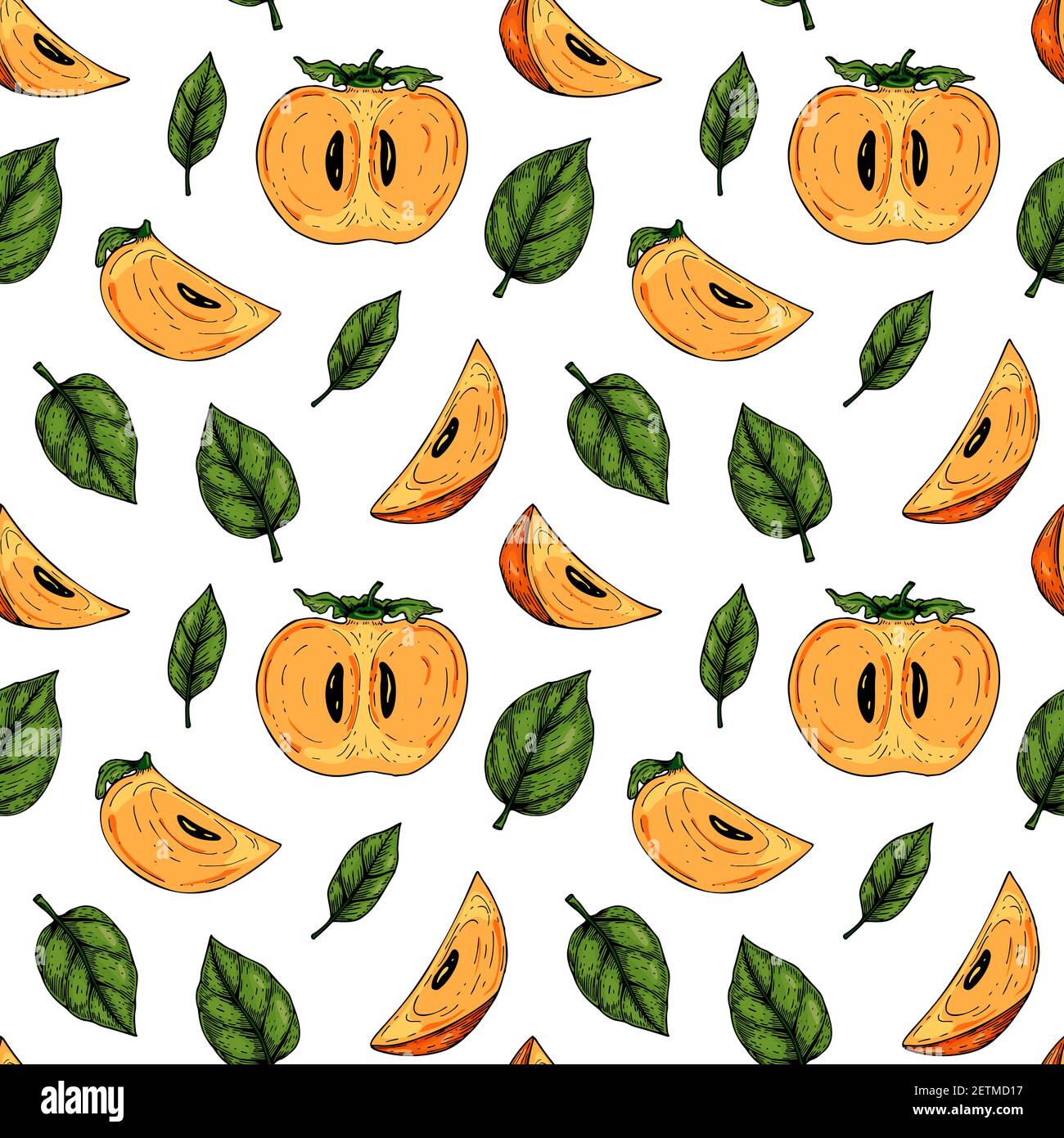 Colorful seamless pattern with hand drawn persimmon slices. Vector ...
