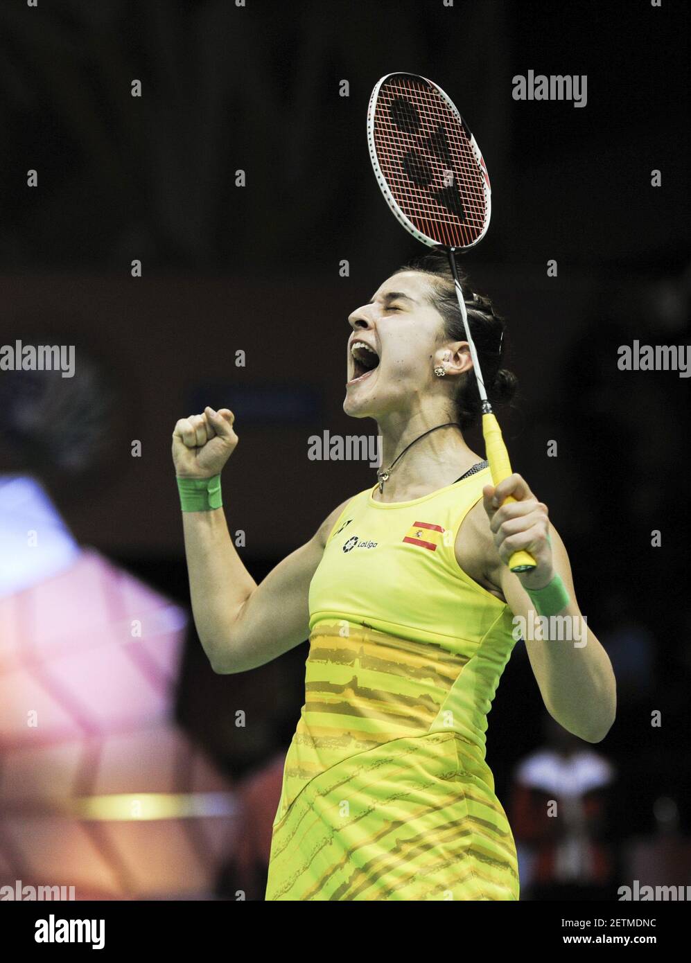 170401) -- NEW DELHI, April 1, 2017 (Xinhua) -- Carolina Marin of Spain  celebrates victory after the semifinal of women's singles against Yamaguchi  Akane of Japan in Yonex Sunrise Indian Open Badminton