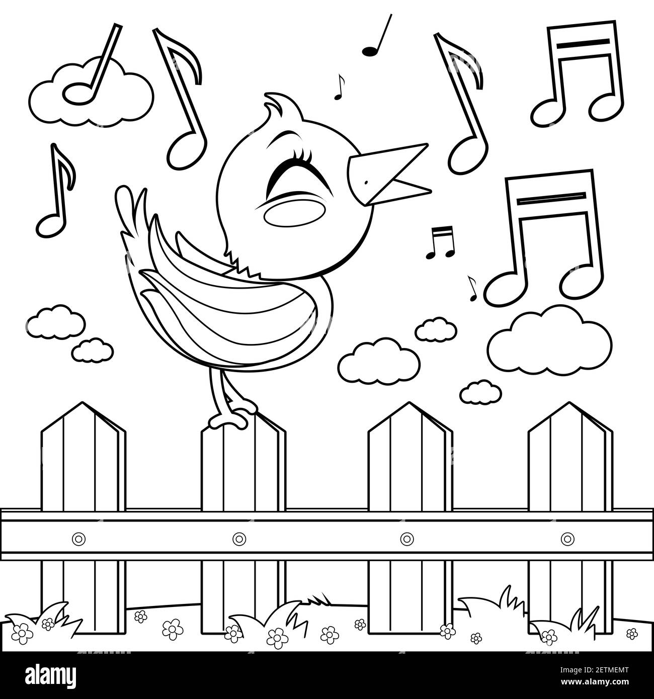 Cute bird singing on a wooden fence. Black and white coloring page. Stock Photo