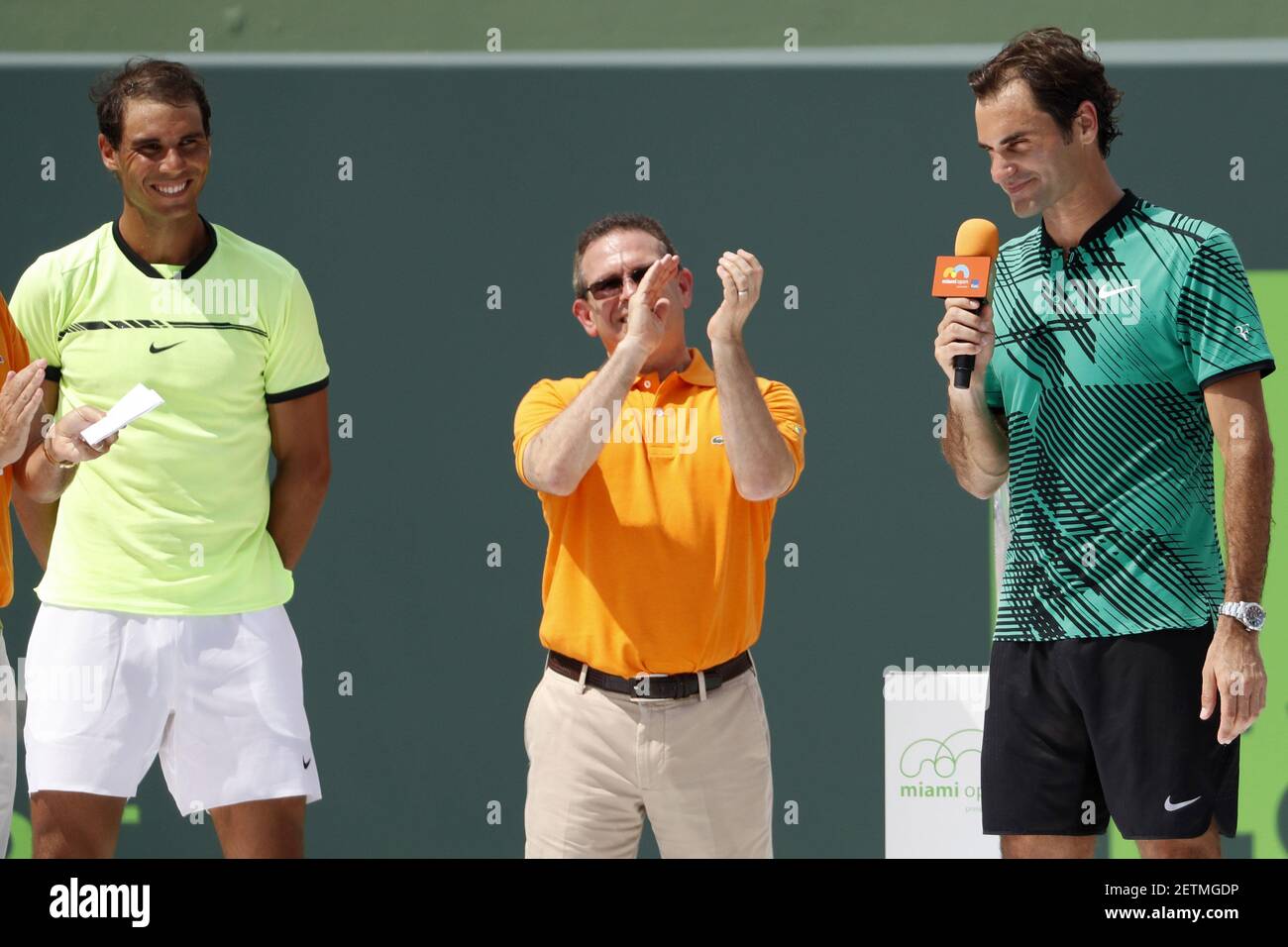 Apr 2, 2017; Key Biscayne, FL, USA; Roger Federer of Switzerland (R) speaks  during the trophy presentation as Rafael Nadal of Spain (L) listens in the  men's singles championship of the 2017
