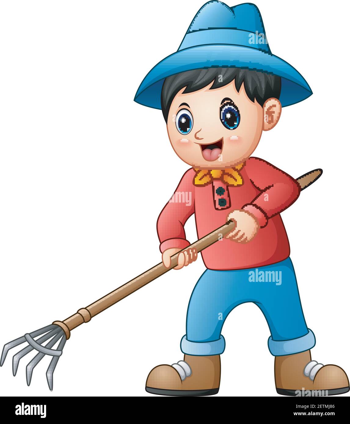 Vector illustration of Cartoon little farmer holding a pitchfork Stock ...