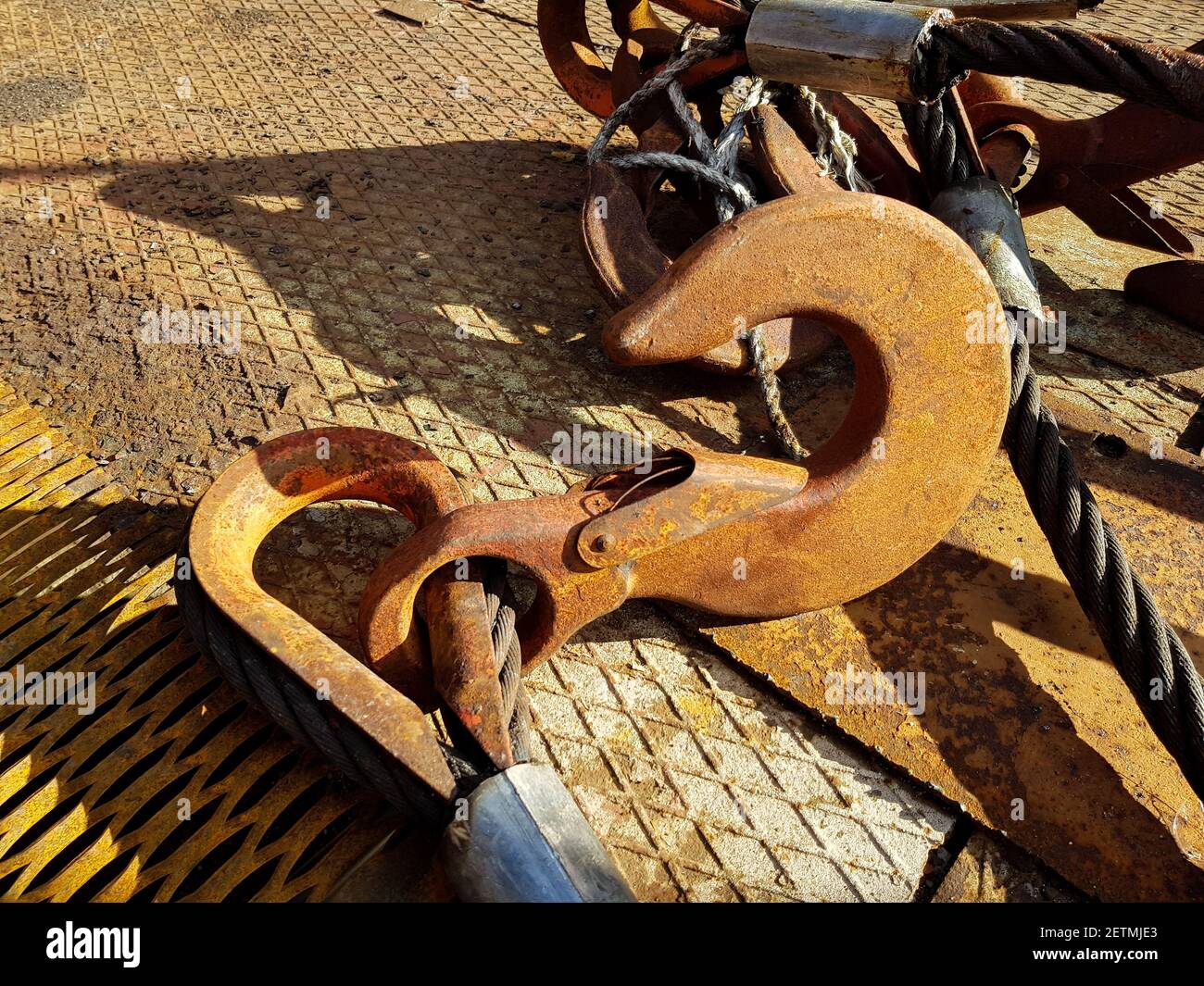 Chain hook of the tower crane for lifting cargo close-up. Rope slings close-up Stock Photo