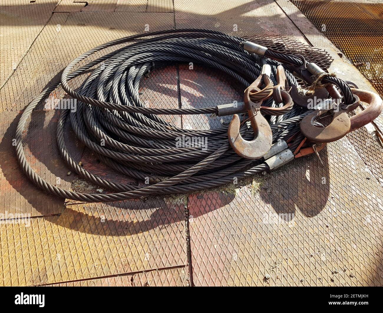 Chain hook of the tower crane for lifting cargo close-up. Rope slings close-up Stock Photo