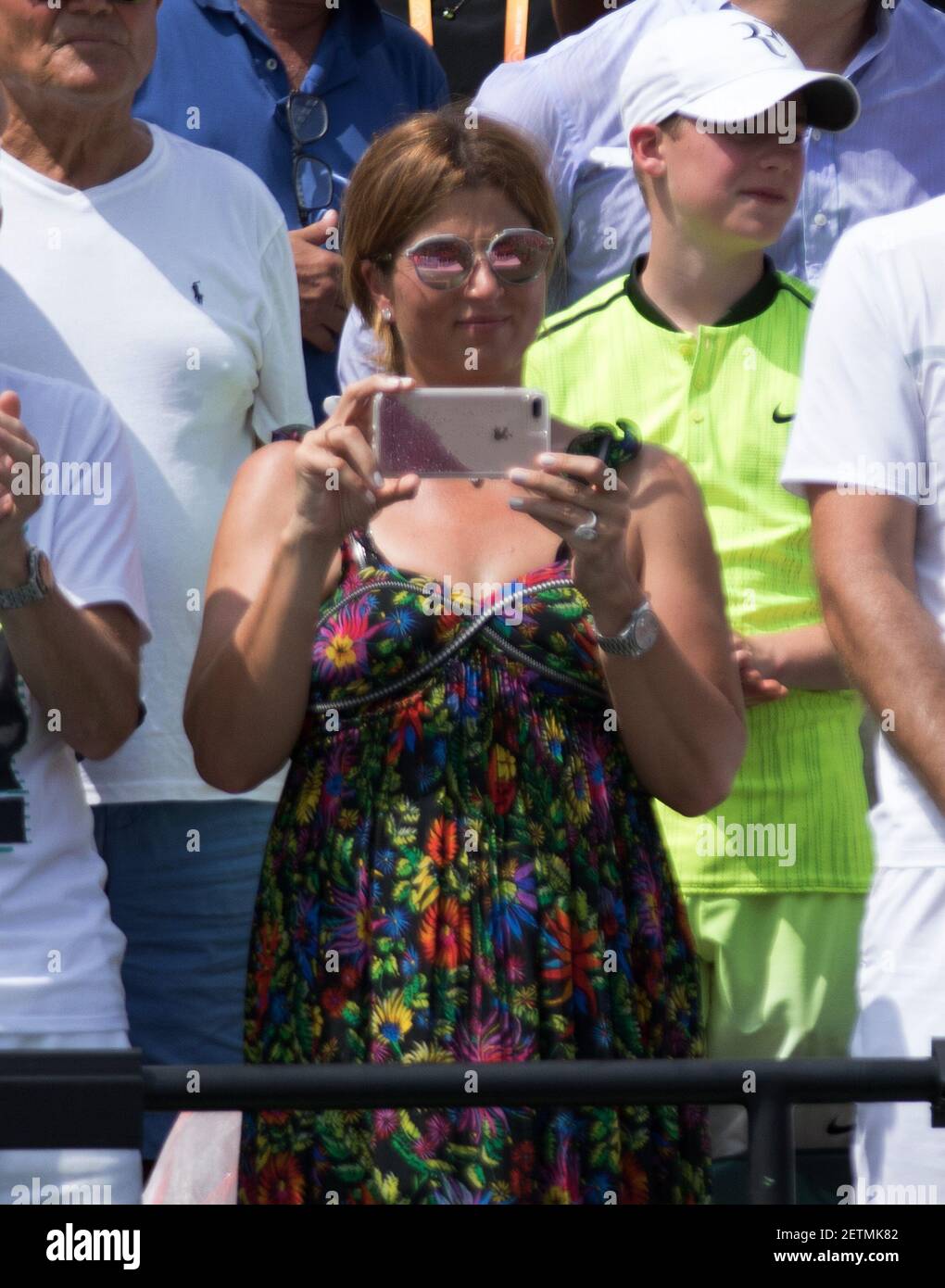 KEY BISCAYNE, FL - APRIL 02: Mirka Federer looks on during the men's final  match between Roger Federer of Switzerland and Rafael Nadal of Spain on day  14 of the Miami Open