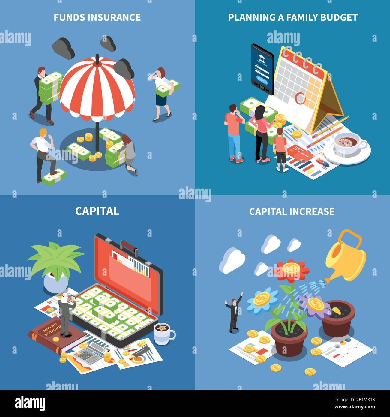 Wealth management isometric design concept with money resources funds insurance planning budget