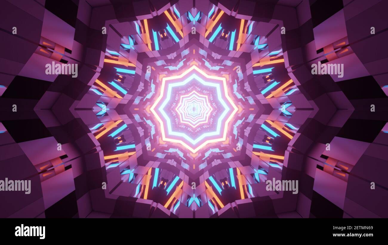 Kaleidoscope ornament with colorful lamps in 3D illustration Stock ...