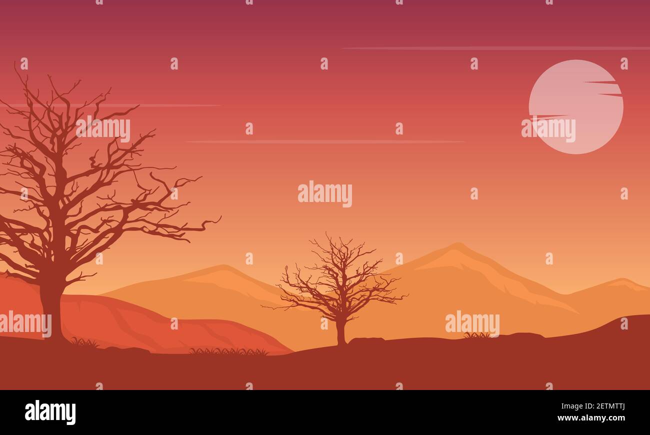 A stunning sunset panorama with views of the mountains and dry trees ...