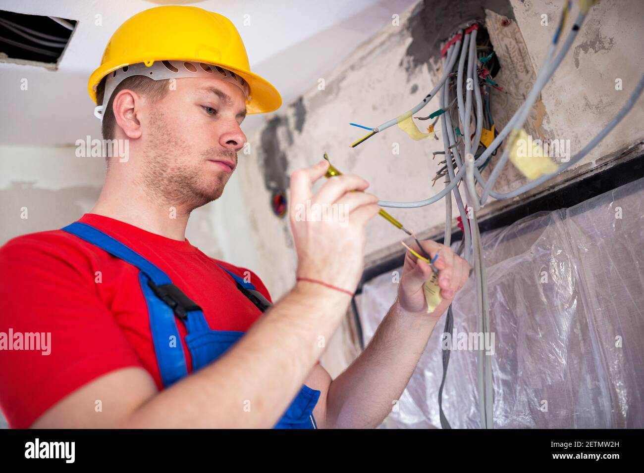 Handyman doing voltage checking with insulated screwdriver Stock Photo