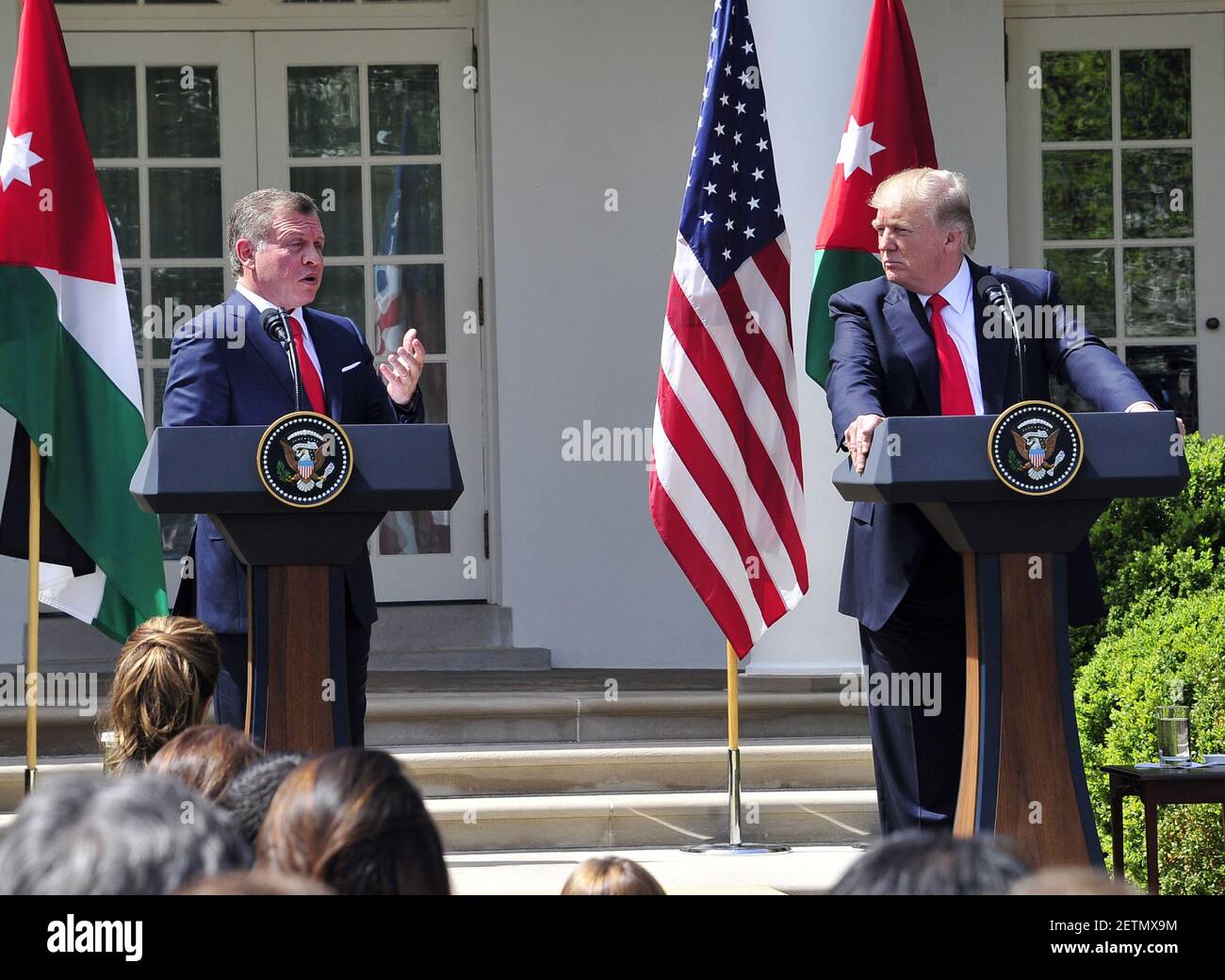 United States President Donald J. Trump, right, and King Abdullah II of Jordan, left, conduct a joint press conference in the Rose Garden of the White House in Washington, DC on Wednesday, April 5, 2017. Credit: Ron Sachs / CNP *** Please Use Credit from Credit Field ***  Stock Photo