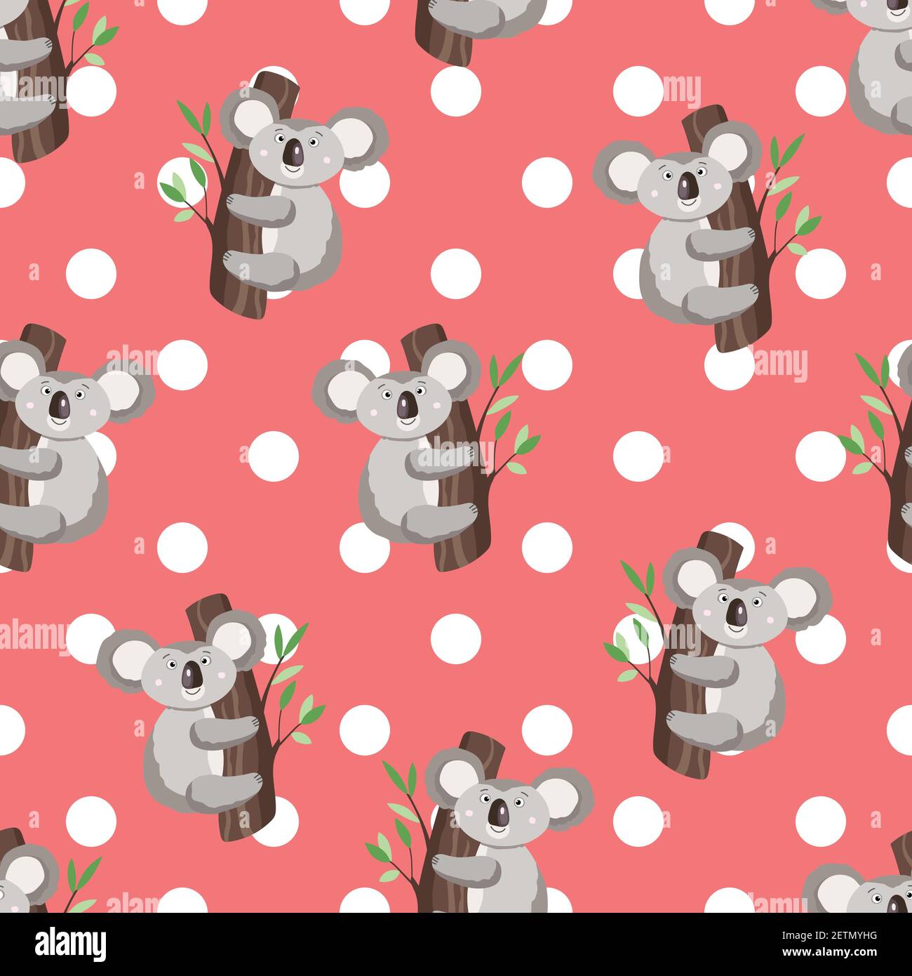 Seamless pattern with cute koala baby and flowers on color polka dots ...