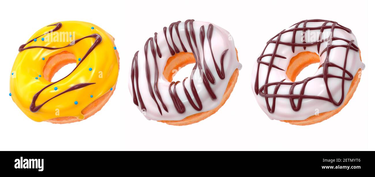 Set of glazed donuts with sprinkles on a white background. 3d rendering ...